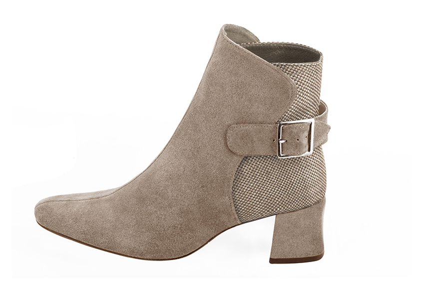 Tan beige women's ankle boots with buckles at the back. Square toe. Medium block heels. Profile view - Florence KOOIJMAN